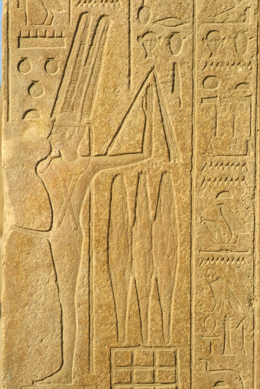 古代エジプト、壁画／彫刻、ミン神、カルナック神殿、ルクソール、豊穣の神、鞭を持つ（写真） 作： 学校エジプト人