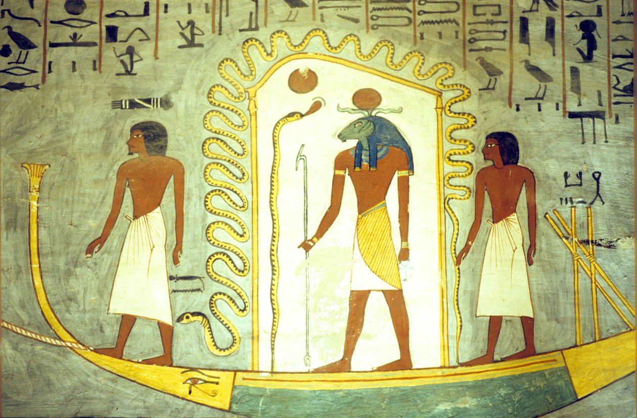 古代エジプト、壁画／彫刻、ラメセス1世の墓、テーベ、冥界を曳航され