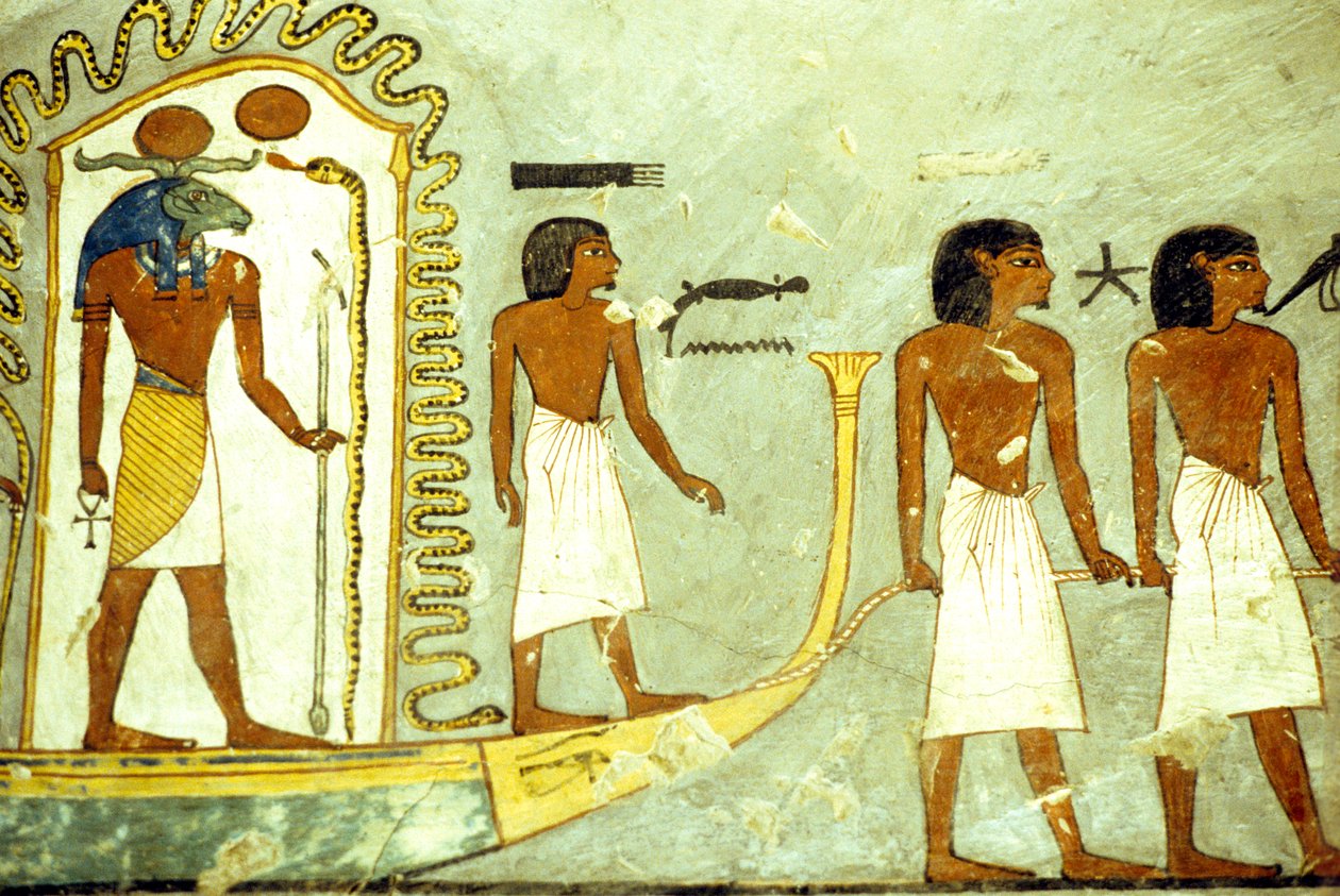 古代エジプト、壁画／彫刻、人に引かれて進む冥府の舟、ラメセス1世の墓、テーベ 作： 学校エジプト人