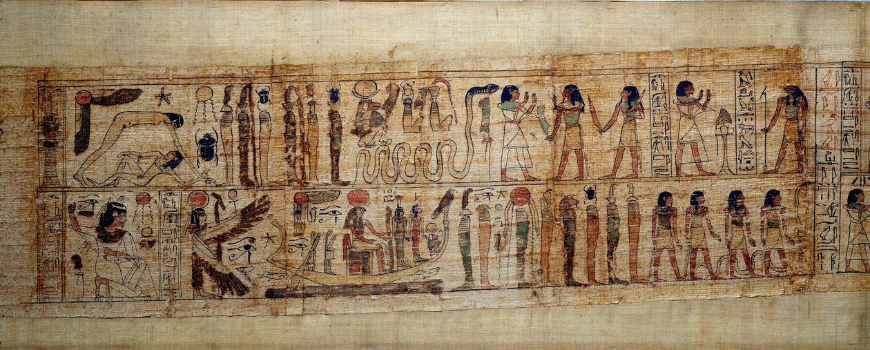 古代エジプト美術 神話のパピルス セリメン。上：世界創造の際、ゲブ神（地）とヌウト女神（天）が分離され、その上から神々や精霊たちが登場する。下の写真セリメンは、太陽に敬意を表して、そのラ 作： 学校エジプト人