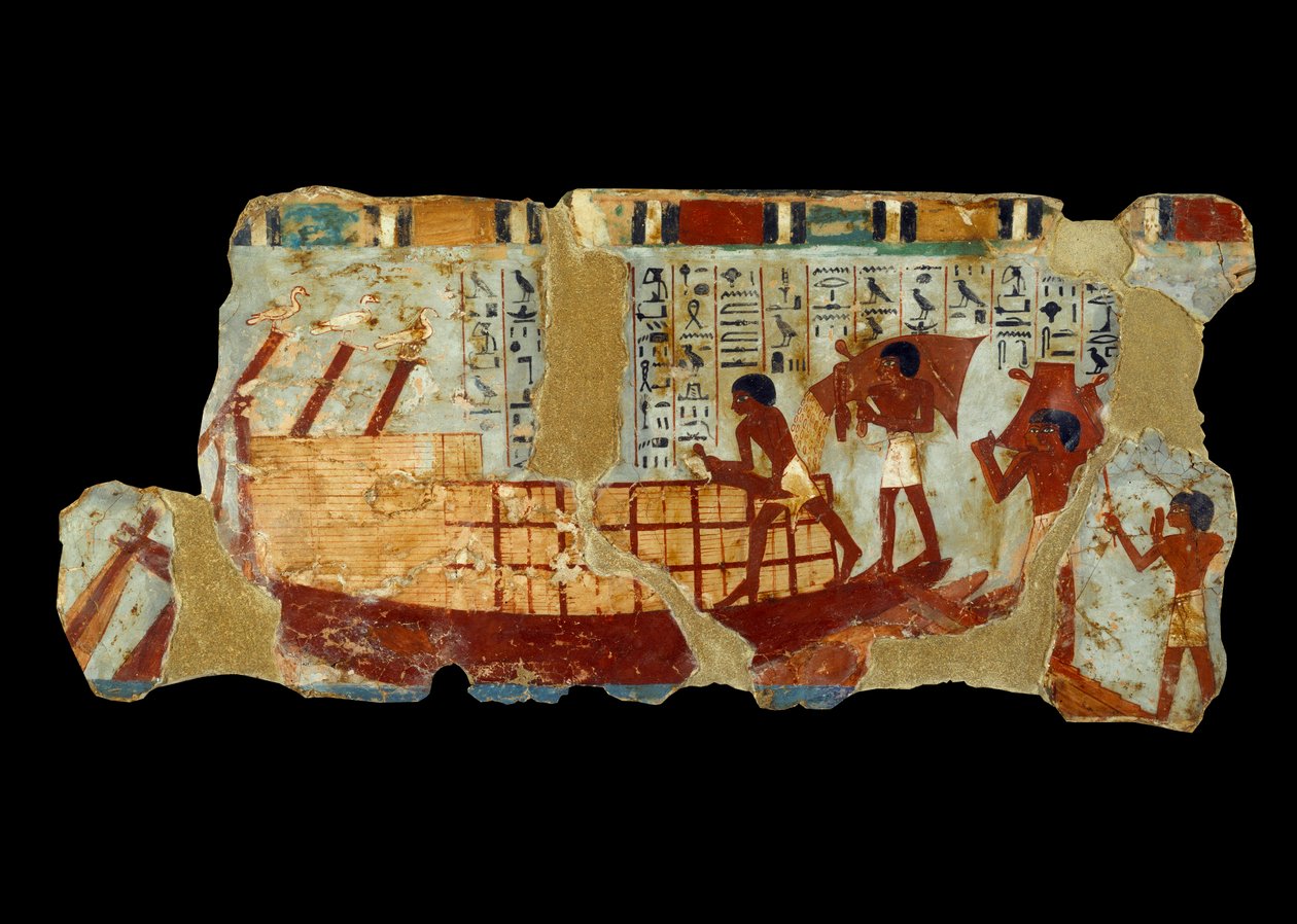 古代エジプト美術：オウノウの墓（紀元前1450年）のシルトに描かれた船の絵に穀物を積み込む。 作： 学校エジプト人