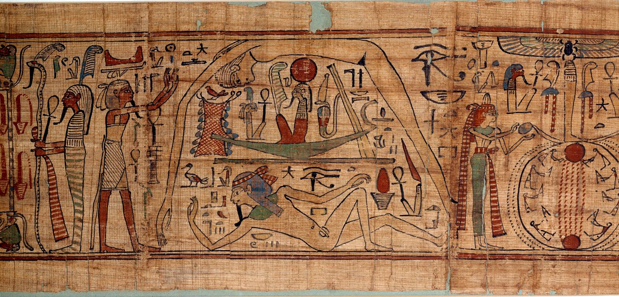 エジプト古代の宇宙のアレゴリー：ゲブ、ヌウト、ネフティス、オシリスと一緒に宇宙論を表す穀物の書記をしていたネスカパシュウティの神話パピルス。紀元前1070〜664年。第21王朝。日 2,7x0,27 m パリ、ルーヴル美術館 作： 学校エジプト人