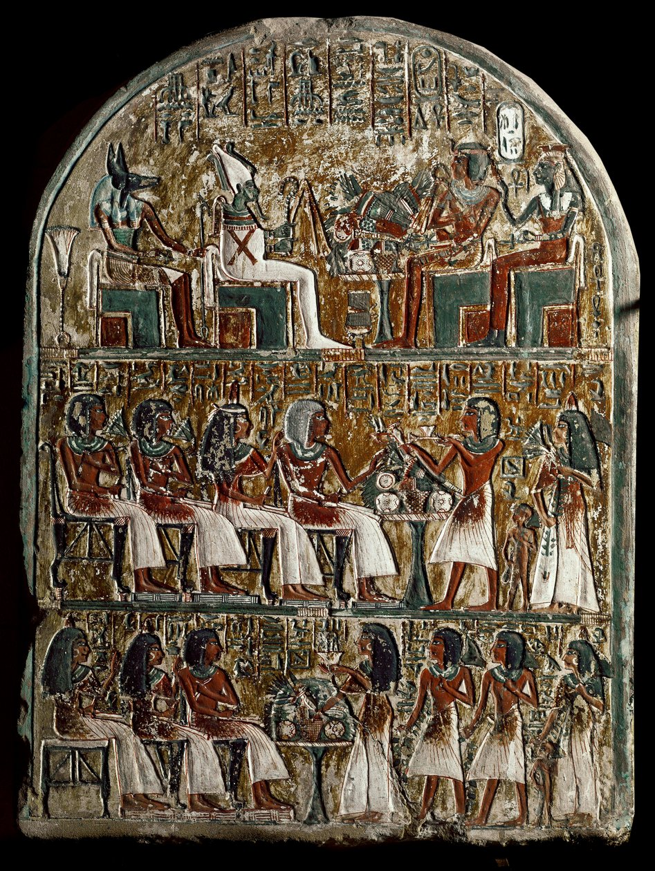 Stele des Irynefer, oben die Götter Osiris und Anubis gegenüber Amenophis I und Ahmes Nefertari; in der Mitte Irynefer, seine Frau Mehytkhaty und ihre Tochter Hathor machen das Begräbnisopfer für ihre Eltern, unten Hathor erwachsen von School Egyptian
