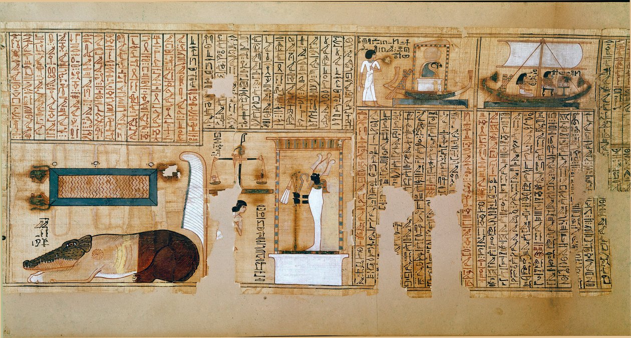エジプトの古代史：死者の書の断片、ネブケドのパピルス。魂の重さを表すディテール。第18王朝時代。紀元前1400-1350年。パリ、ルーヴル美術館 作： 学校エジプト人