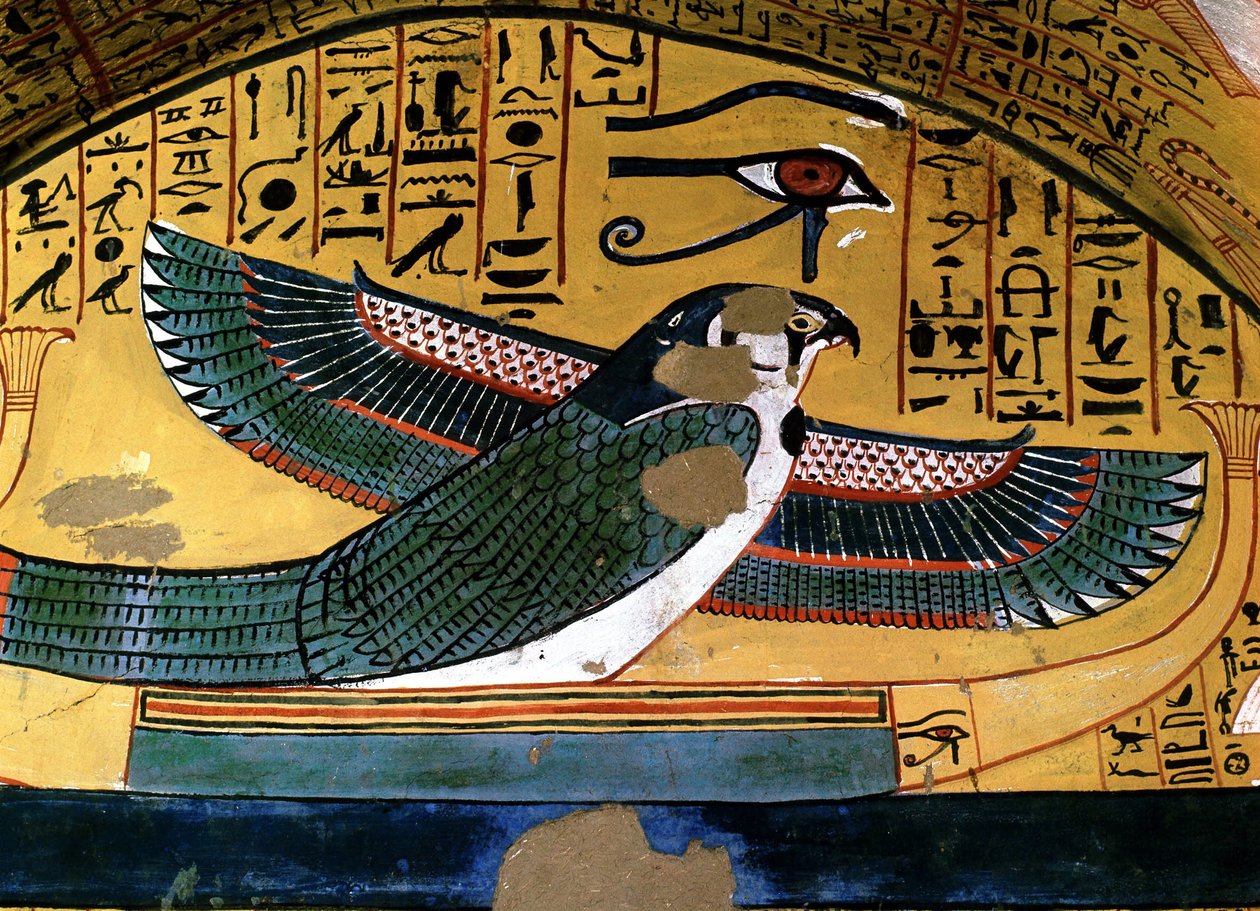 ルクソール～テーベ：ナイル左岸。Deir el Medineh：職人のネクロポリス。セネデムの墓。第18王朝。ホルス神の表現。 作： 学校エジプト人