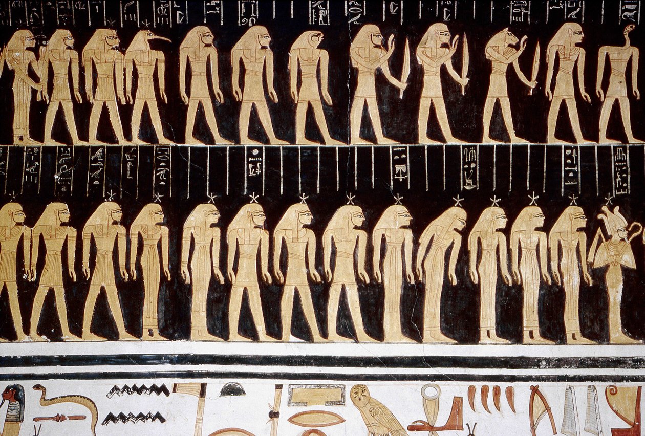ルクソール、テーベ：王家の谷、神殿の内壁に描かれた神と女神の絵。 作： 学校エジプト人