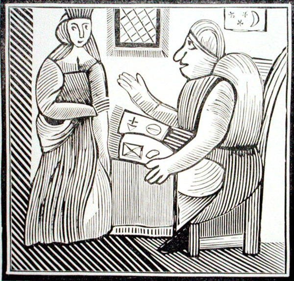 占い師に助言を求める女性（14世紀～17世紀に発行された秘伝書コレクションの中の「西の母バンチの歴史」の挿絵のコピー（木版画） 作： 学校英語
