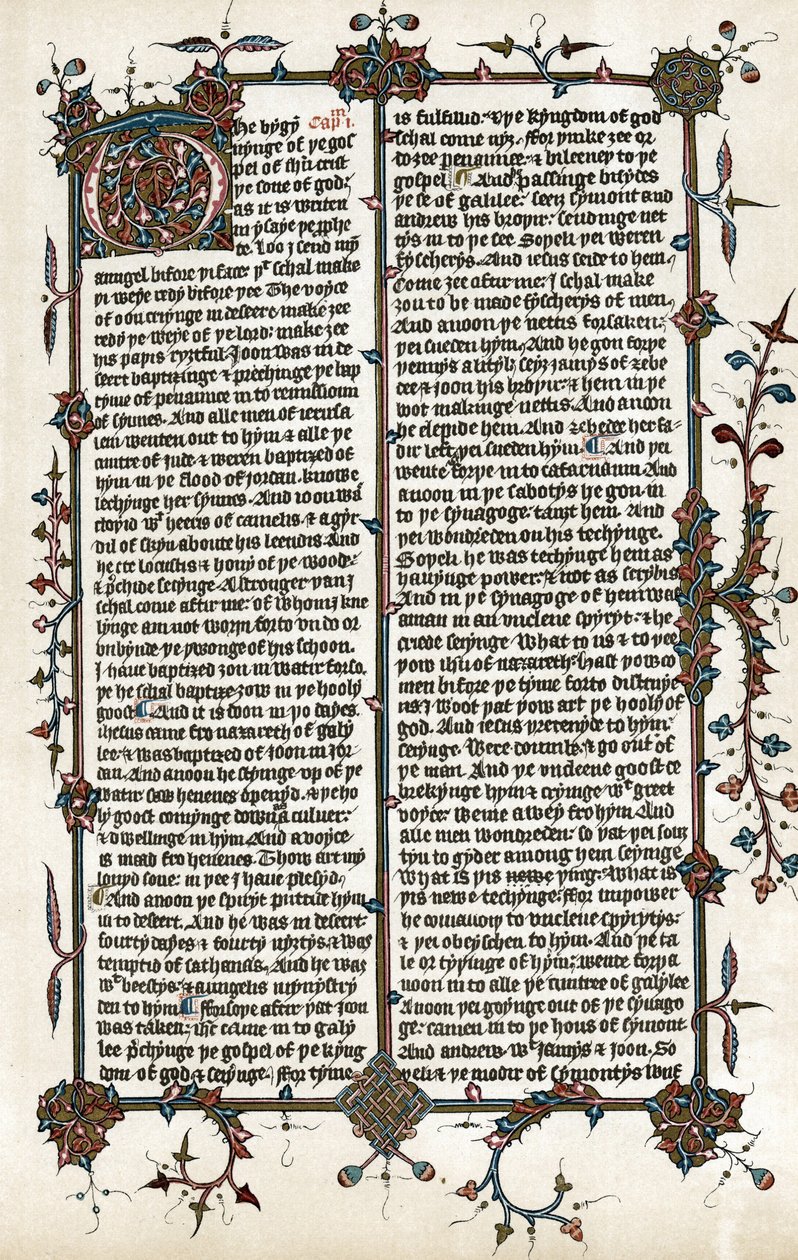 ウィクリフが1400年頃に英訳した聖マルコによる福音書のページのコピー（印刷物） 作： 学校英語