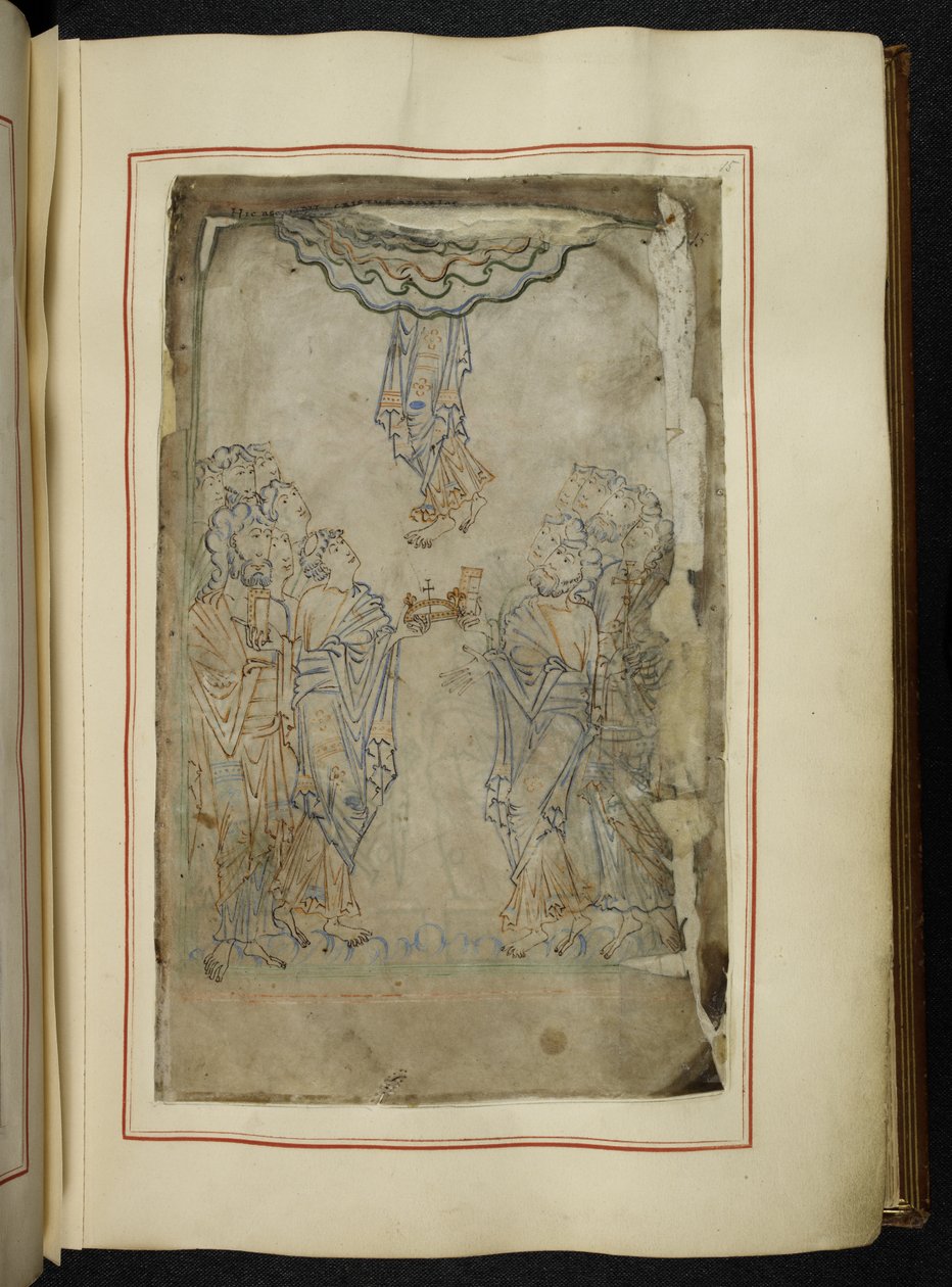 Cotton MS tiberius C VI f.15r Psalter (「Tiberius Psalter」)、不完全、序文の絵のサイクル、計算表、祈り、告白、古い英語の説教、収集 (ベラムにインクと色) 作： 学校英語