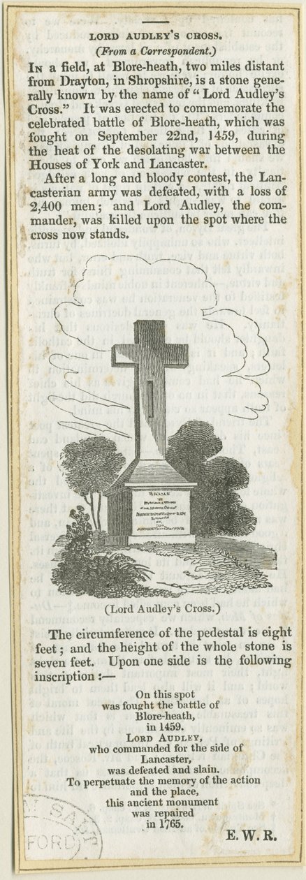 Drayton-in-Hales-&39;Audley Cross on Blore Heath &39;：木版画、nd [？19th cent]（印刷） 作： 学校英語