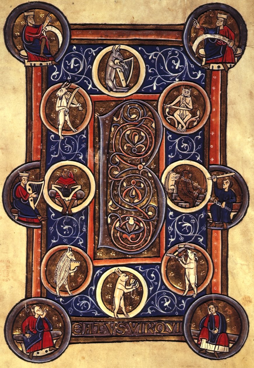 Lansdowne 420 fol.12v Psalm I イニシャル 