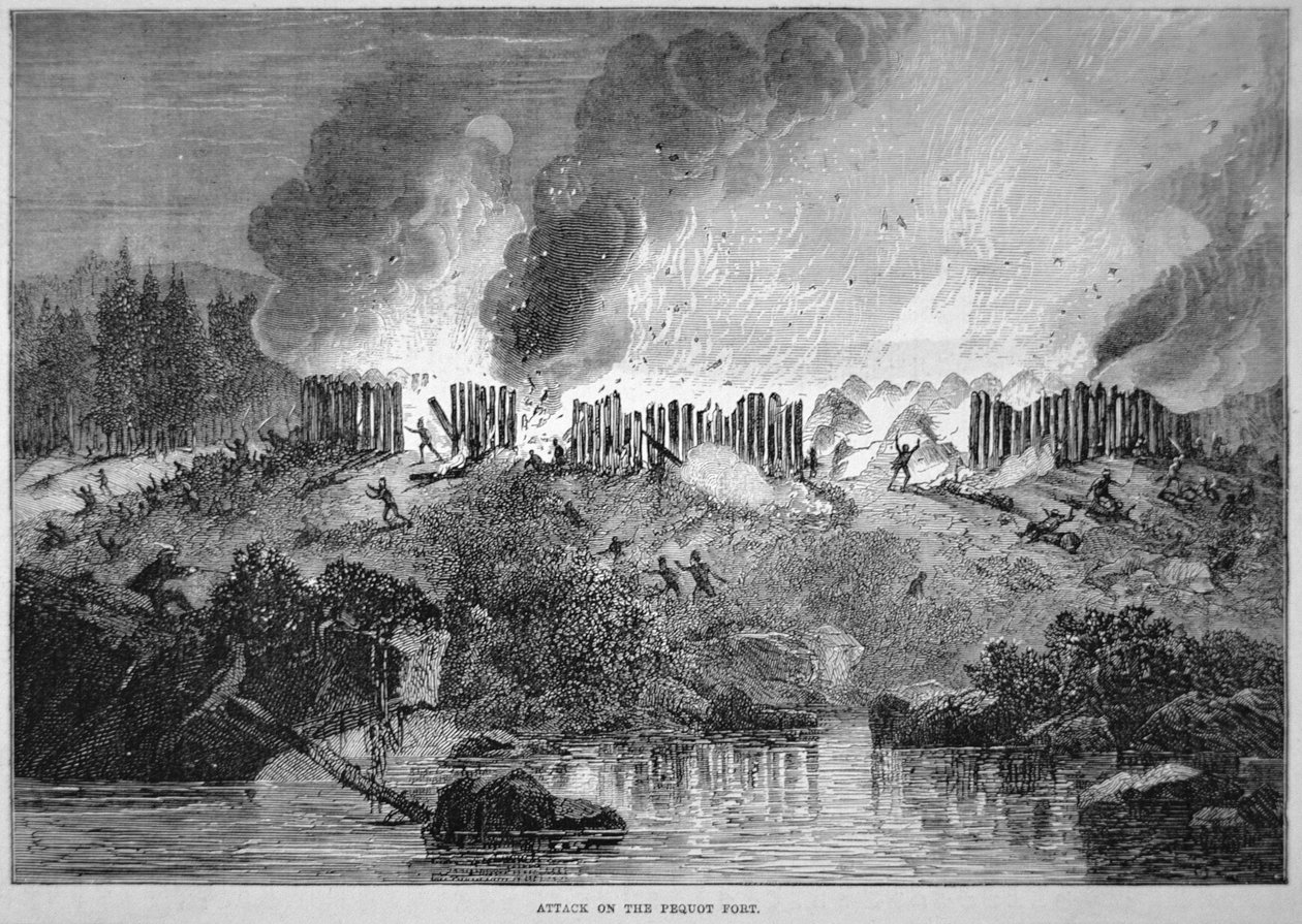 1637年のペコ戦争で、ニューイングランドの白人入植者がペコインディアンの砦を攻撃している様子（彫刻作品 作： 学校英語