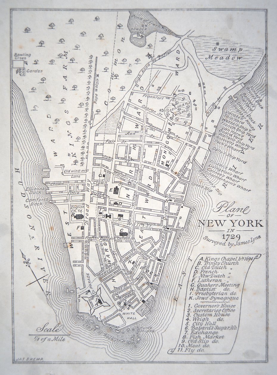 1729年のニューヨークの平面図（リトグラフ 作： 学校英語