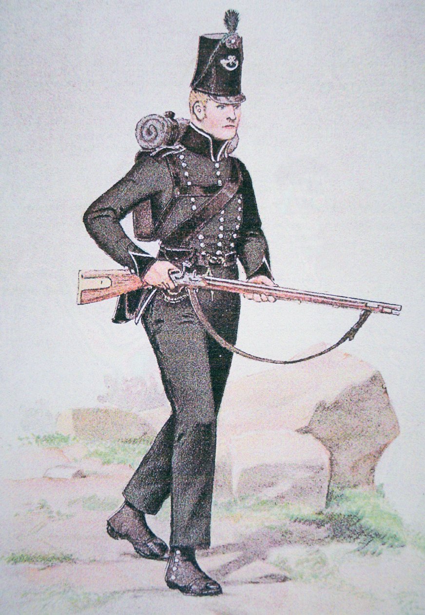 1810年頃、ロンドンのエゼキエル・ベイカーが設計したベイカー・ライフルで武装した第95ライフル隊の一等兵（カラーリトグラフ版 作： 学校英語