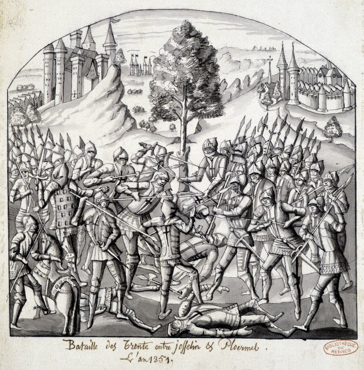 1351年、JosselinとPloermalの間のTrentoの戦い 作： 学校フランス語