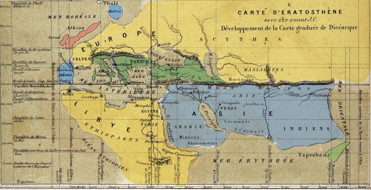 紀元前3世紀のギリシャの天文学者、地理学者であるエラトステネスの地図。 作： 学校フランス語