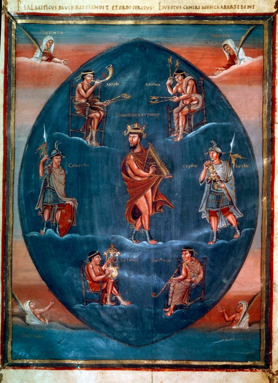 David spielt die Harfe, umgeben von vier Musikern, zwei Wachen und vier Kardinaltugenden. Miniatur in der Ersten Bibel von Karl dem Kahlen, auch bekannt als die Bibel von Vivian von School French