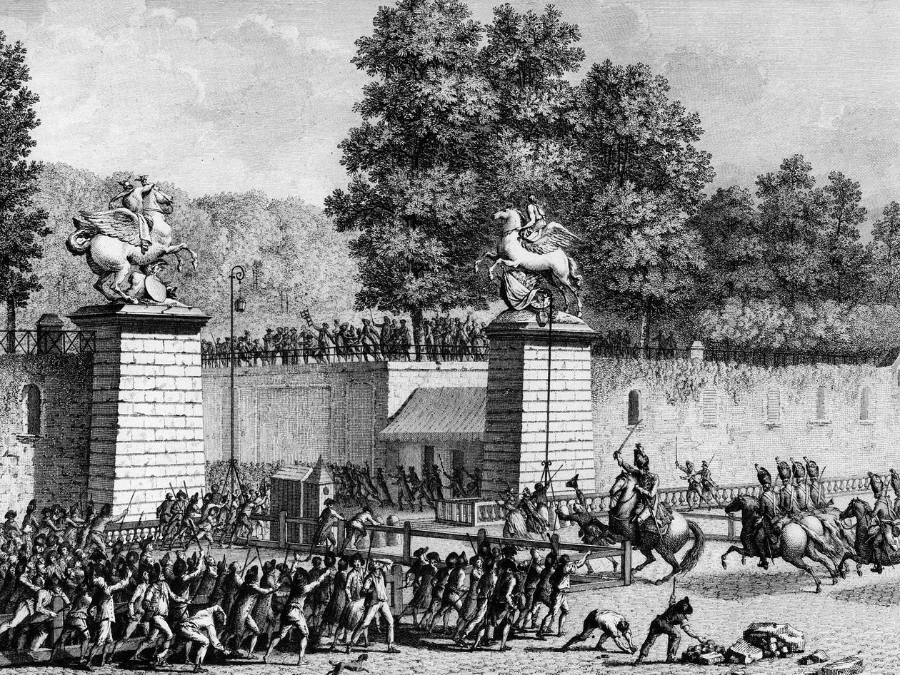 フランス革命の最初の出来事。1789年7月12日、第一次革命派を鎮圧するために、王室ドイツ人の分隊とともにチュイルリーに入るランベスク公爵（1754-1825）ムッシュー・シャルル・ユージン・ド・ロレーヌ（Monsieur Charles Eugene de Lorraine）。パリ、歴史研究所図書館 作： 学校フランス語