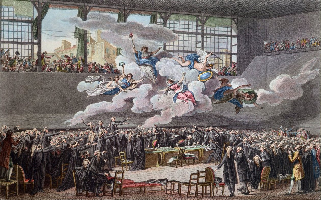 フランスのエヴォリューション（1789〜1799年）。1789年6月20日、ヴェルサイユのジュ・ド・ポームでの宣誓）（フランス革命；1789年6月20日、ヴェルサイユのテニスコートでの宣誓 作： 学校フランス語