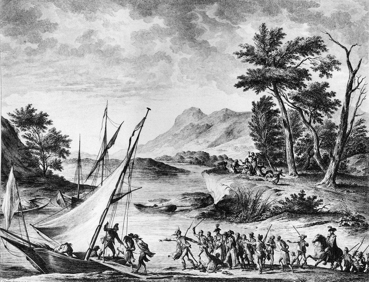 フランス革命。1793年7月25日、ノヴァテでフランス大使Charles Louis Huguet de Semonville (1759-1839)とHugues Bernard Maret (1763-1839)が逮捕される。デュプレッシ-ベルトーによる版画とデッサン。パリ、フランス革命史研究所の図書館 作： 学校フランス語