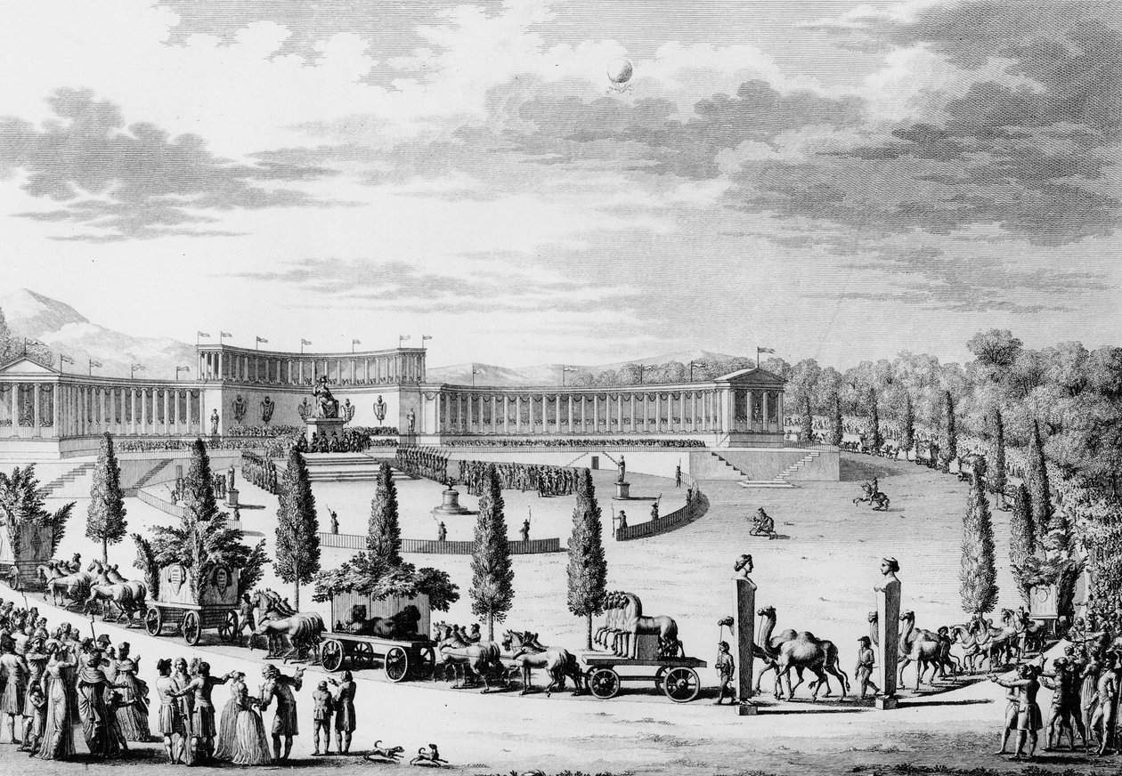 フランス革命。テルミドール・アン6世（1798年7月28日）の9日と10日に、執政官ナポレオン・ボナパルト（1769-1821）の命令により、フランスの科学・芸術のモニュメントが凱旋入場した際に行われたフェット（略奪作戦）。パリ。 作： 学校フランス語