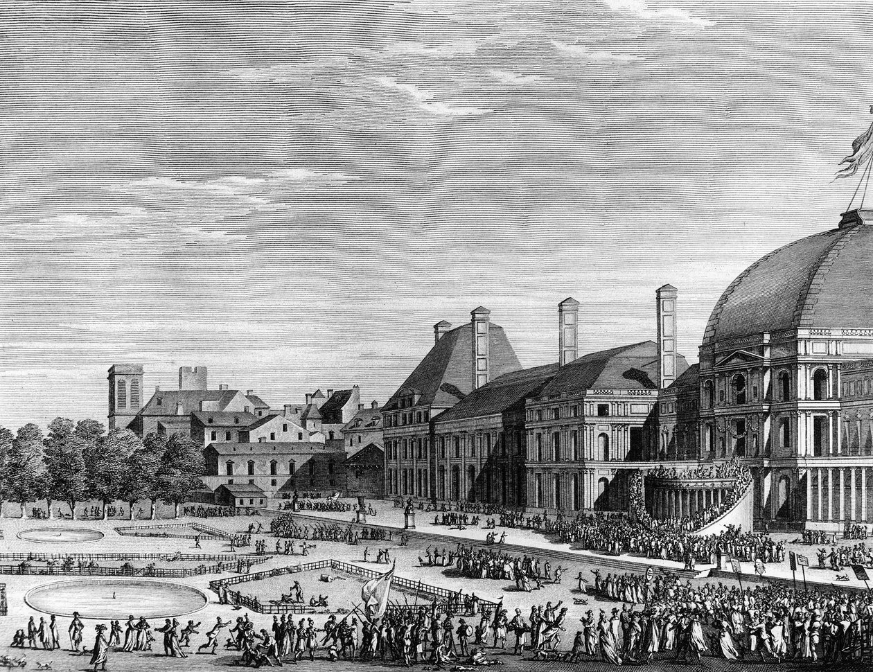 フランス革命。1794年6月8日、シャンゼリゼで行われたマクシミリアン・ド・ロベスピエール（1758-1794）率いる最高位の存在の共和党の祭り。パリ、革命史研究所の図書館 作： 学校フランス語