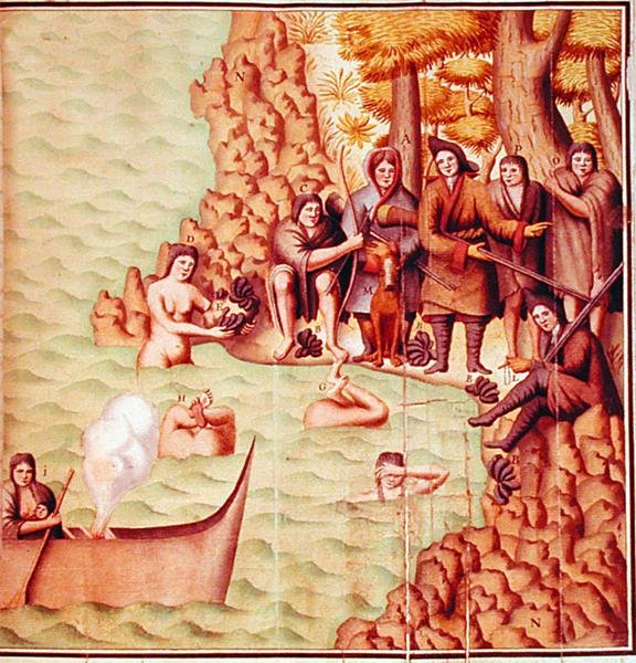 フランス人探検家と一緒にいるマゼラン海峡のインディアン（「Voyage de Gouin de Beauchesne」からのイラスト 作： 学校フランス語