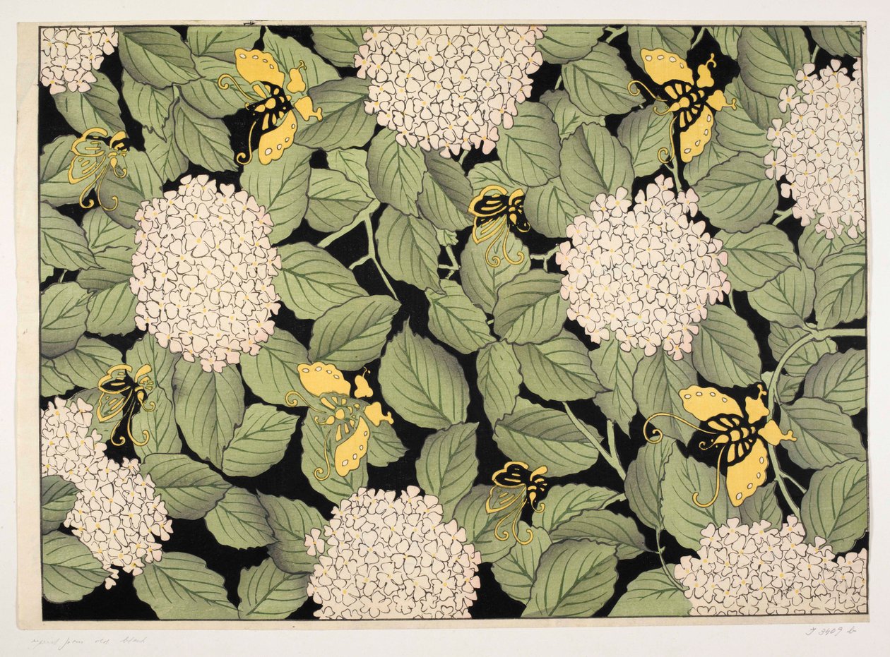 日本の花柄、「オルガ・ハーシュ装飾紙コレクション」のイラスト（カラー木版画） 作： 学校フランス語