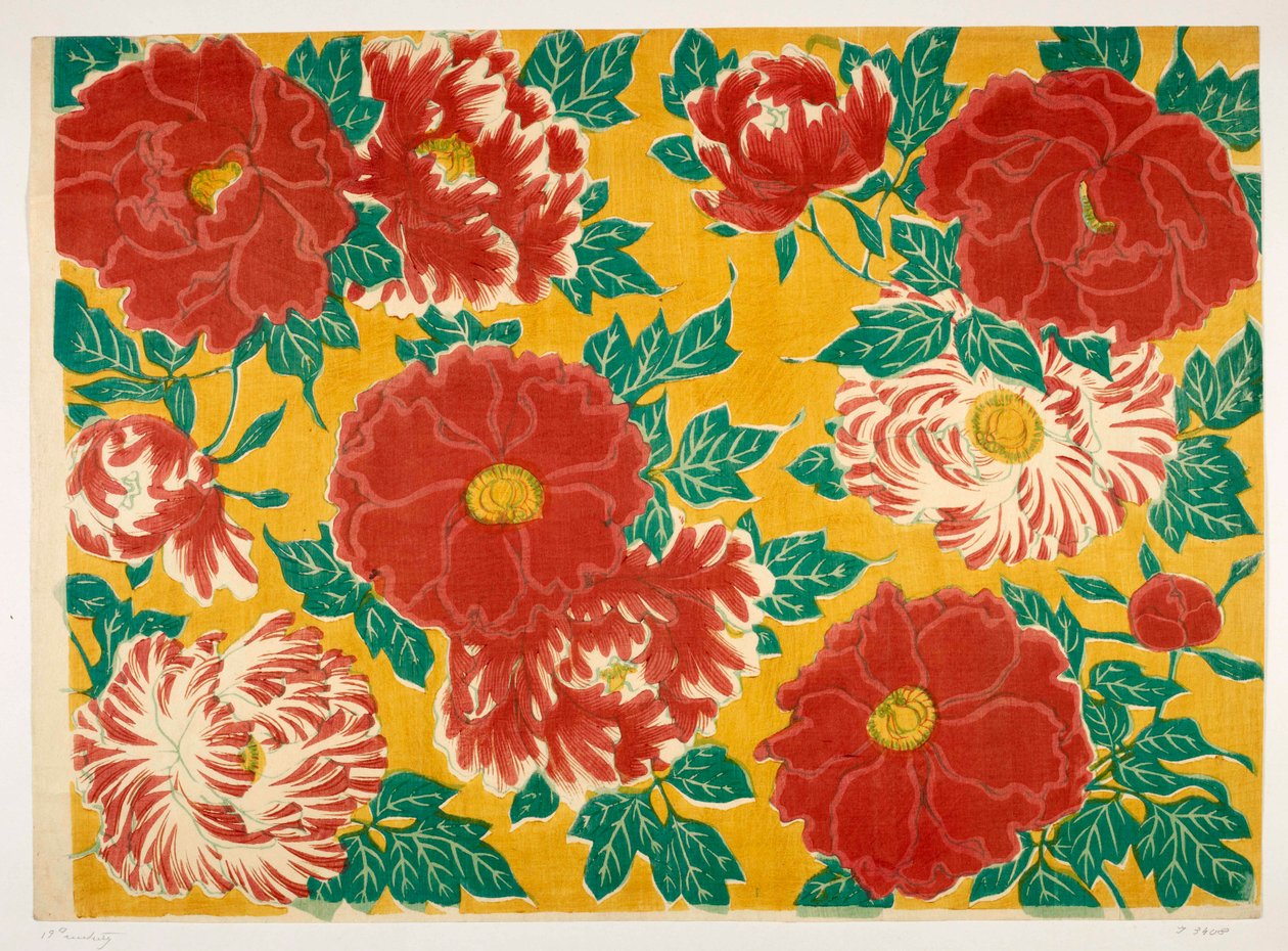 日本の花柄、「オルガ・ハーシュ装飾紙コレクション」のイラスト（カラー木版画） 作： 学校フランス語