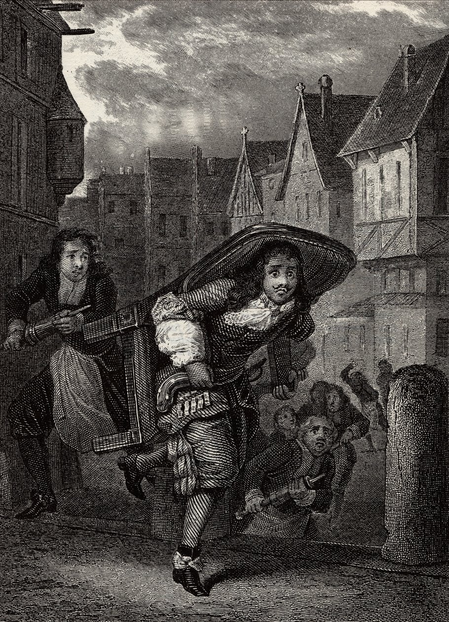 "Monsieur de Pourceaugnac" Engraving from "works" by English author Moliere - Jean-Baptiste Poquelin dit Moliere (Jean Baptiste Poquelin dit Moliere)の戯曲「Monsieur de Pourceaugnac」の一場面。 作： 学校フランス語