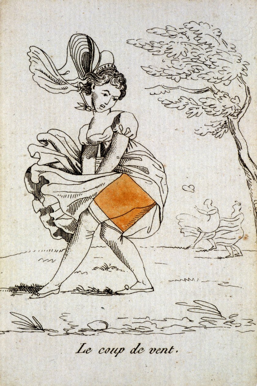 古いカードで遊ぶ：ダイアモンドのエース - 女性のスカートを持ち上げる「一陣の風」。Musée de la Carte à Joucher, Issy-les-Moulineaux. 作： 学校フランス語