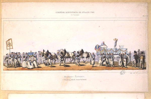 1840年6月25日にストラスブールで行われたムニエ・ファリニエ（製粉業者）の行列（カラーリトグラフ） 作： 学校フランス語