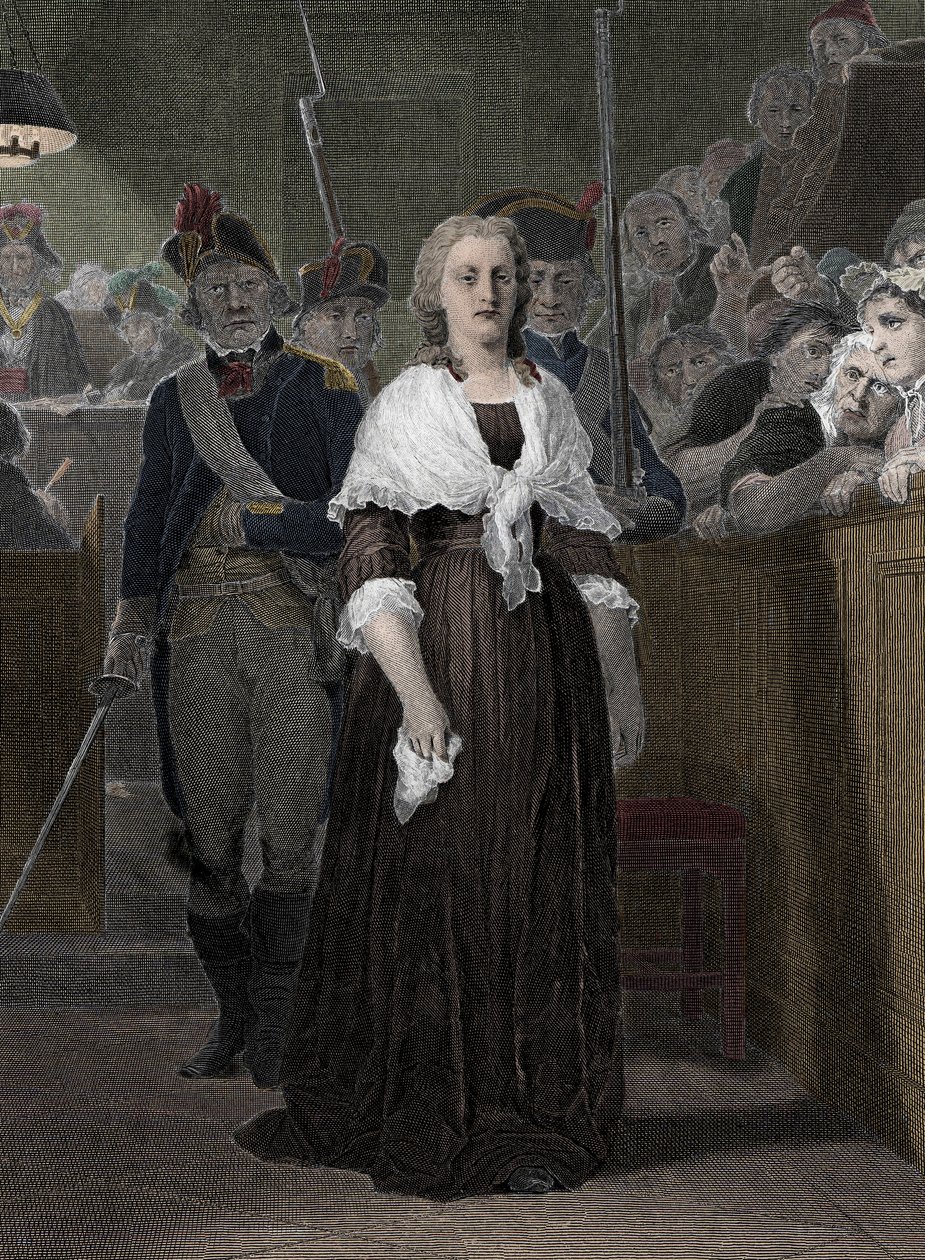 王妃マリー・アントワネット（1755〜1793）革命裁判所で有罪判決」（1793年10月、革命裁判所で裁判中のフランス王妃マリー・アントワネット（1755〜1793））。 作： 学校フランス語