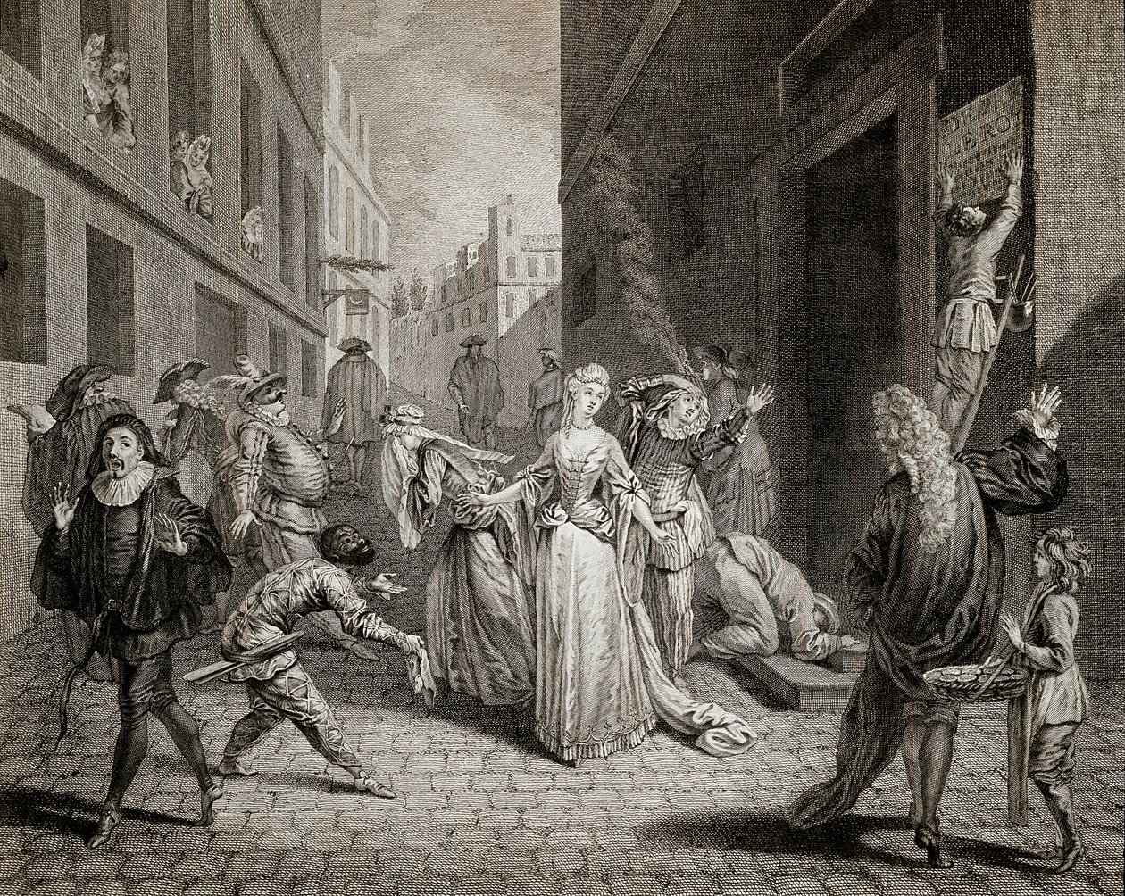 恐怖（1793〜1794年）。イタリアのコメディアン（コメディア・デラルテの登場人物を演じる）が、パリの劇場の検閲によりパリ市内から狩り出される。エングレーヴィング個人蔵 作： 学校フランス語