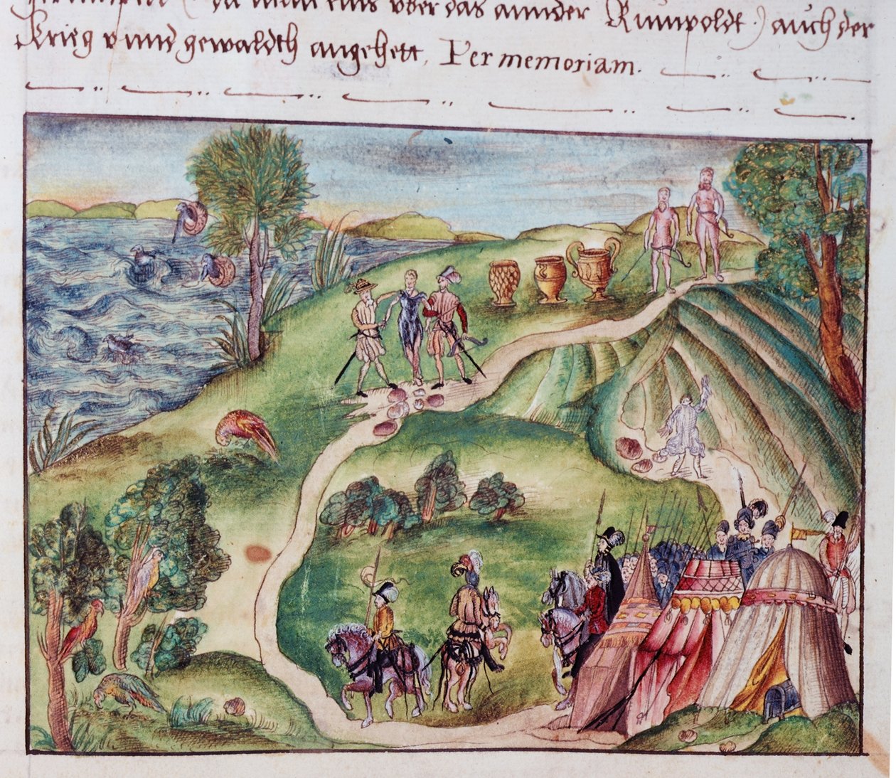MS Add.15217 fol.40 ニュルンベルクの Coeler 家族の回顧録のコレクションからのスペインの野営地のあるベネズエラの風景 作： 学校ドイツ語
