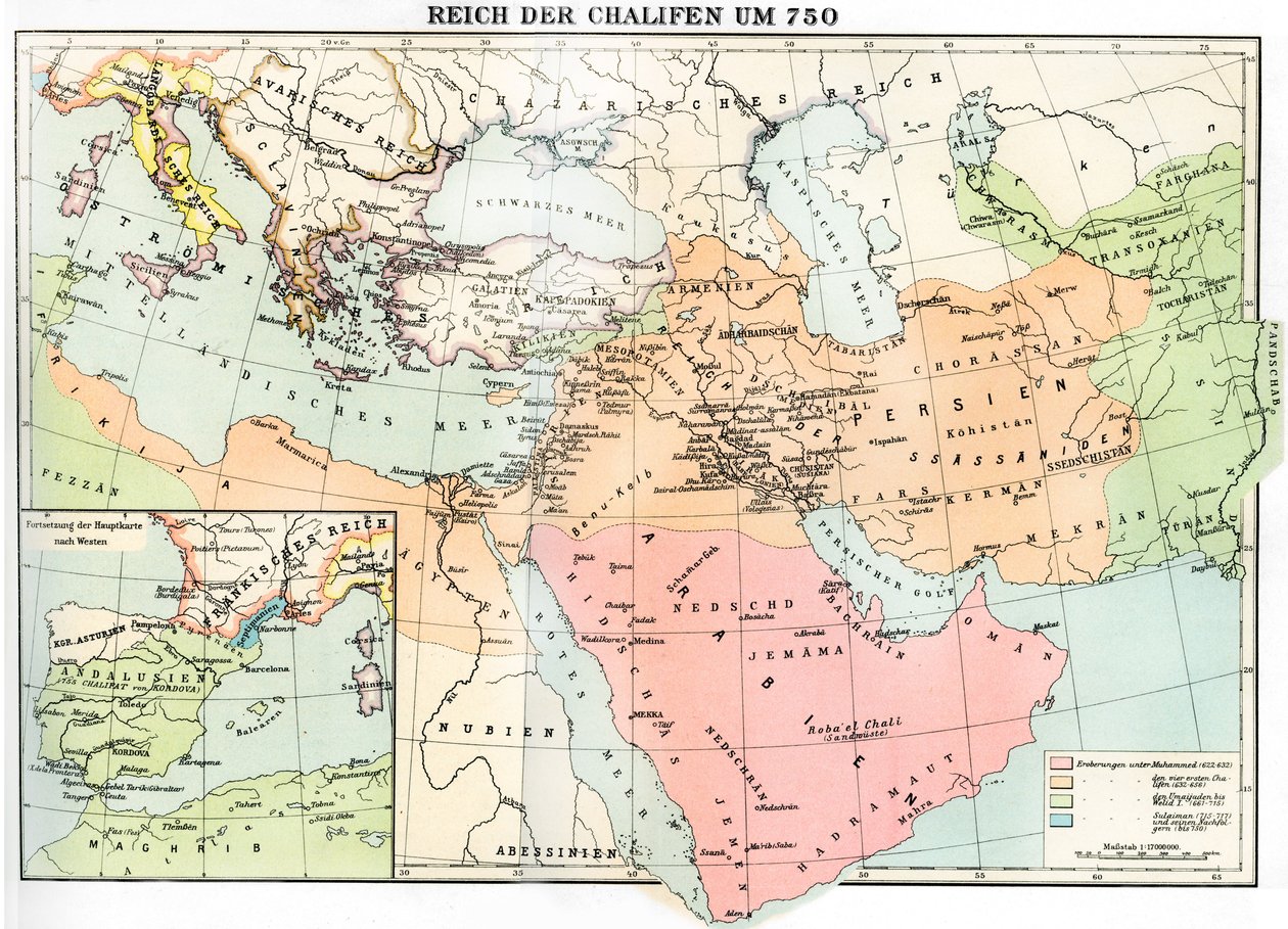 750年のカリフ帝国の地図（ユリウス・フォン・プフルーク＝ハルトゥング著「Weltgeschichte」より 作： 学校ドイツ語