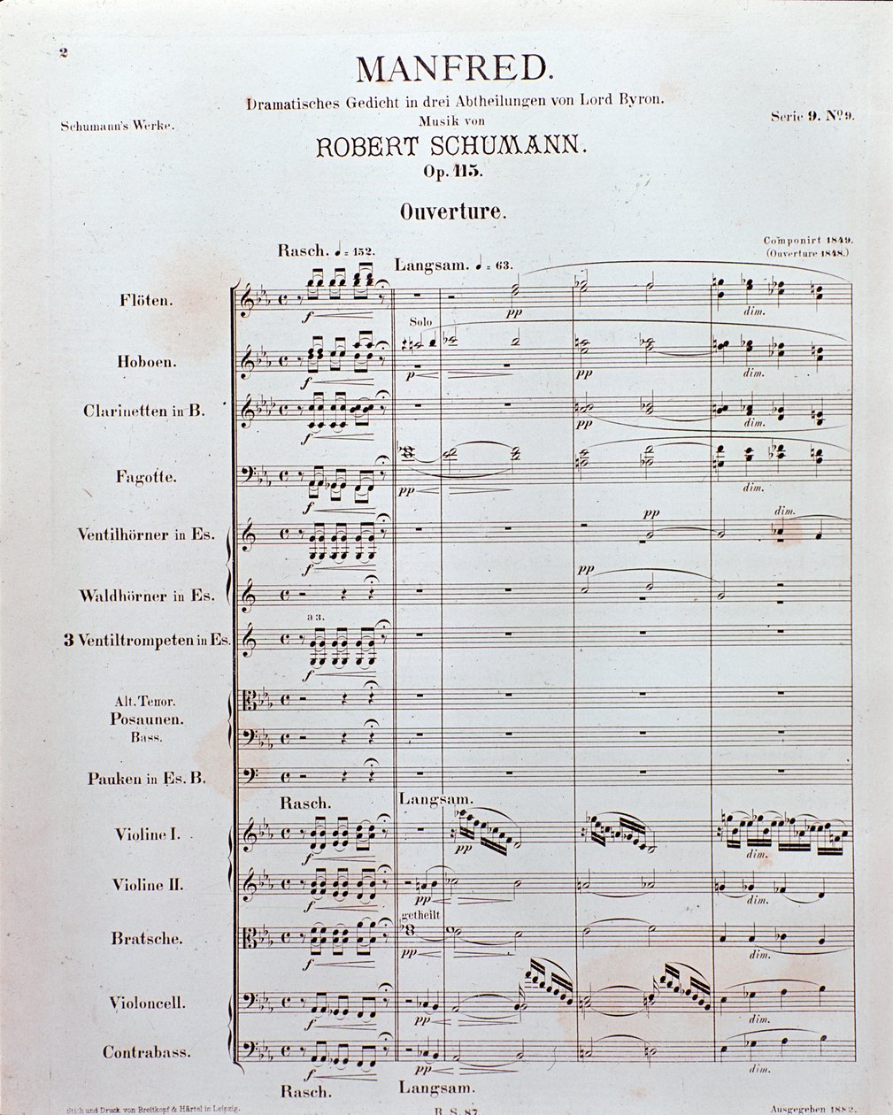 ドイツの作曲家ロベルト・シューマンの「マンフレッド」オープニングの楽譜（op.115）（印刷 作： 学校ドイツ語