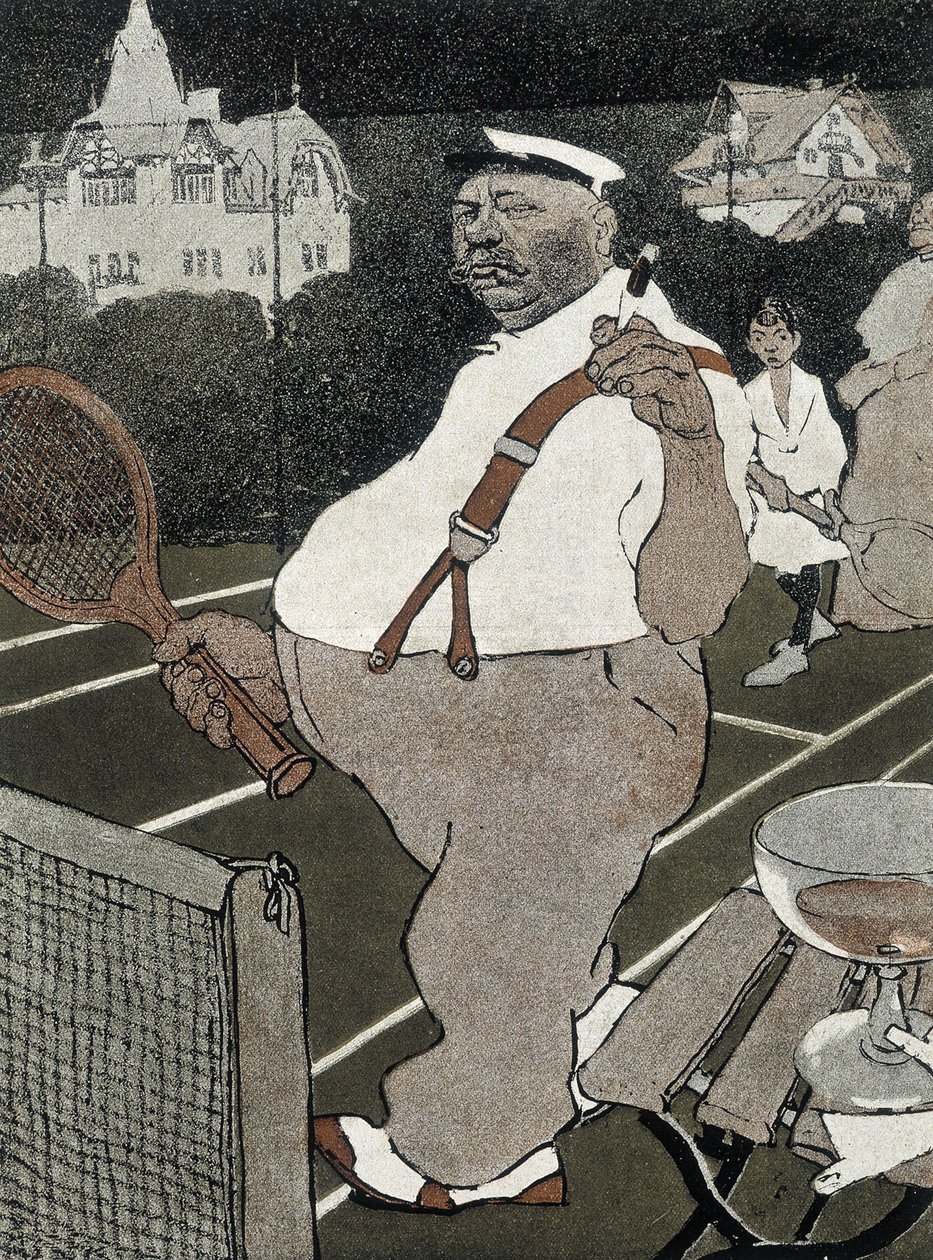 テニス：太った男性、喫煙とアルコールを飲みながらテニスをする - ドイツの漫画 作： 学校ドイツ語