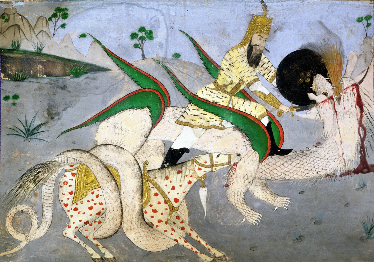 ドラゴンを攻撃する馬に乗った戦士、インドの神秘主義に関する本からのイラスト (カードに紙にインク) 作： 学校インド
