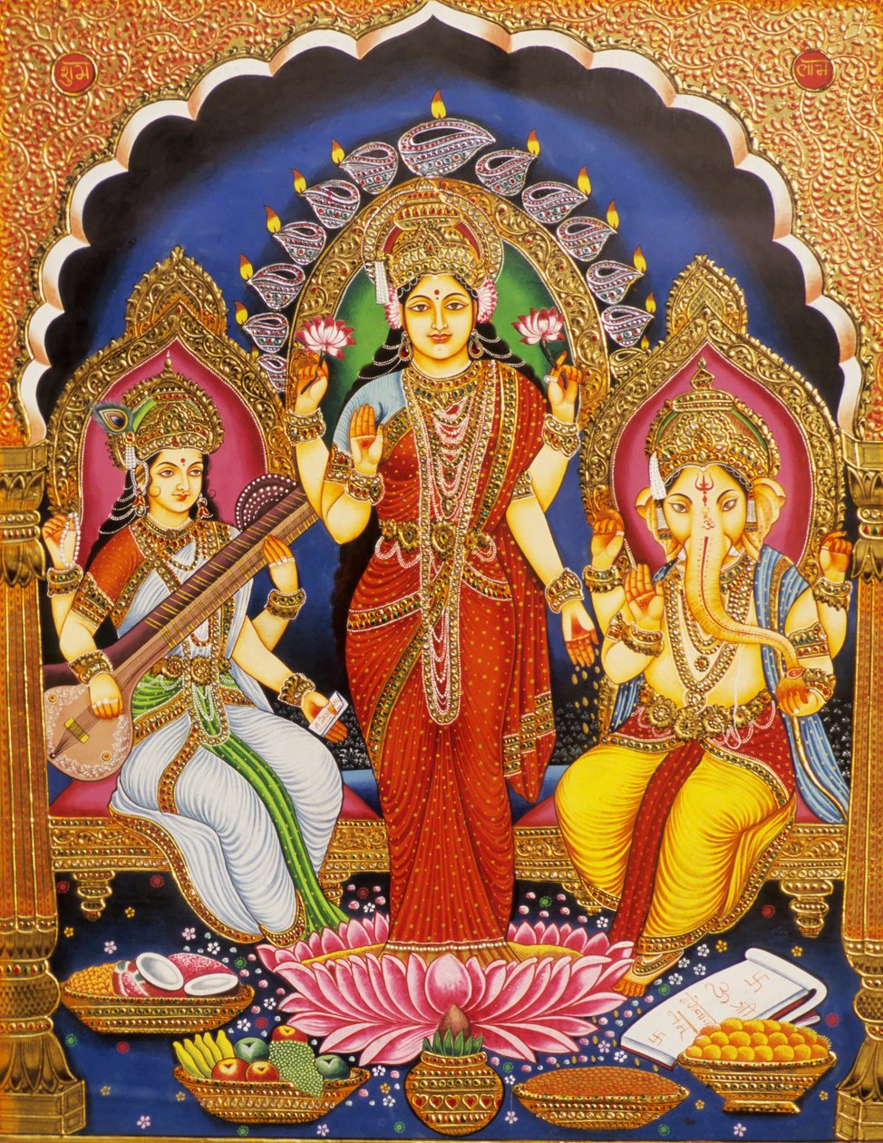 ガネーシュ神とラクシュミーとサラスヴァティー ミニチュア絵画 紙本金地着色 インド 作： 学校インド