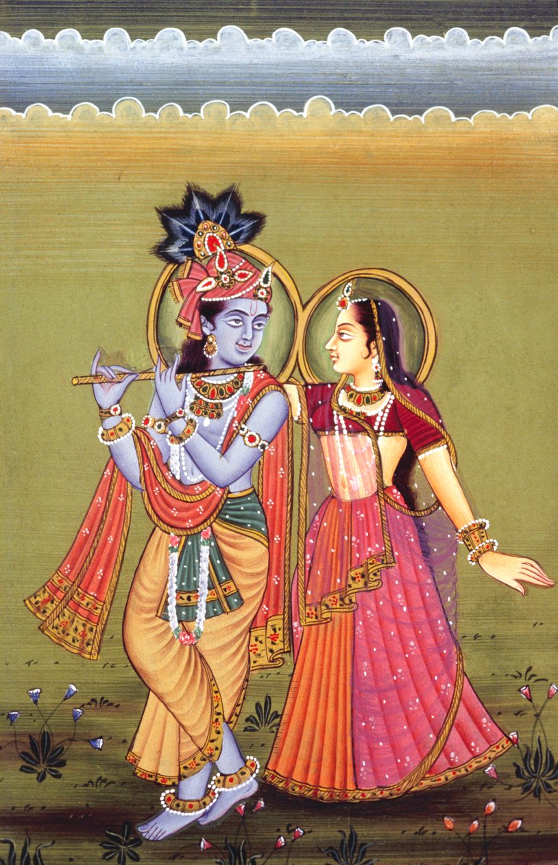 クリシュナ神と彼女の最も偉大な帰依者ラーダの絵画、インド 作： 学校インド