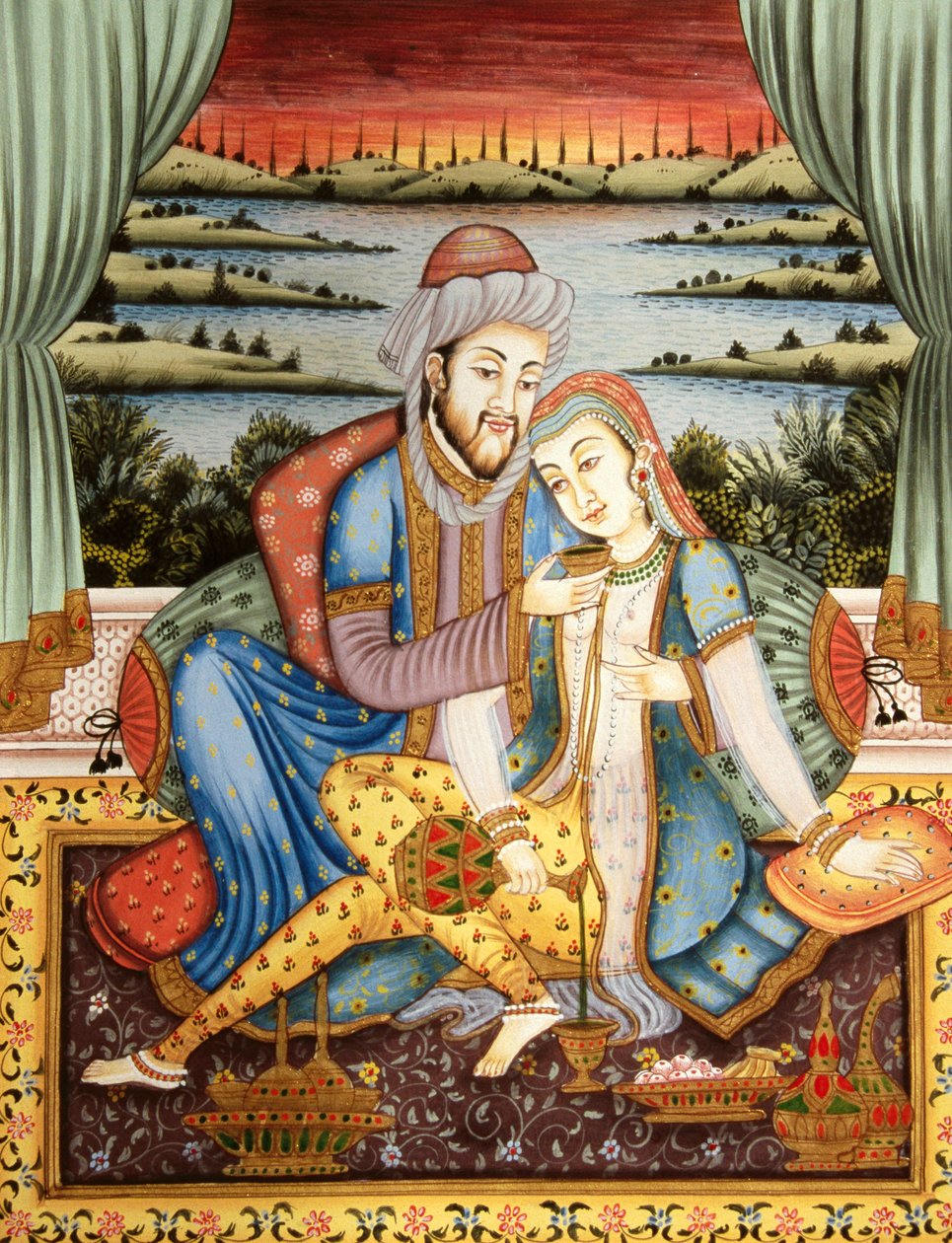 ムガル帝国の皇帝とその妻の恋の情景を描いた絵画、インド