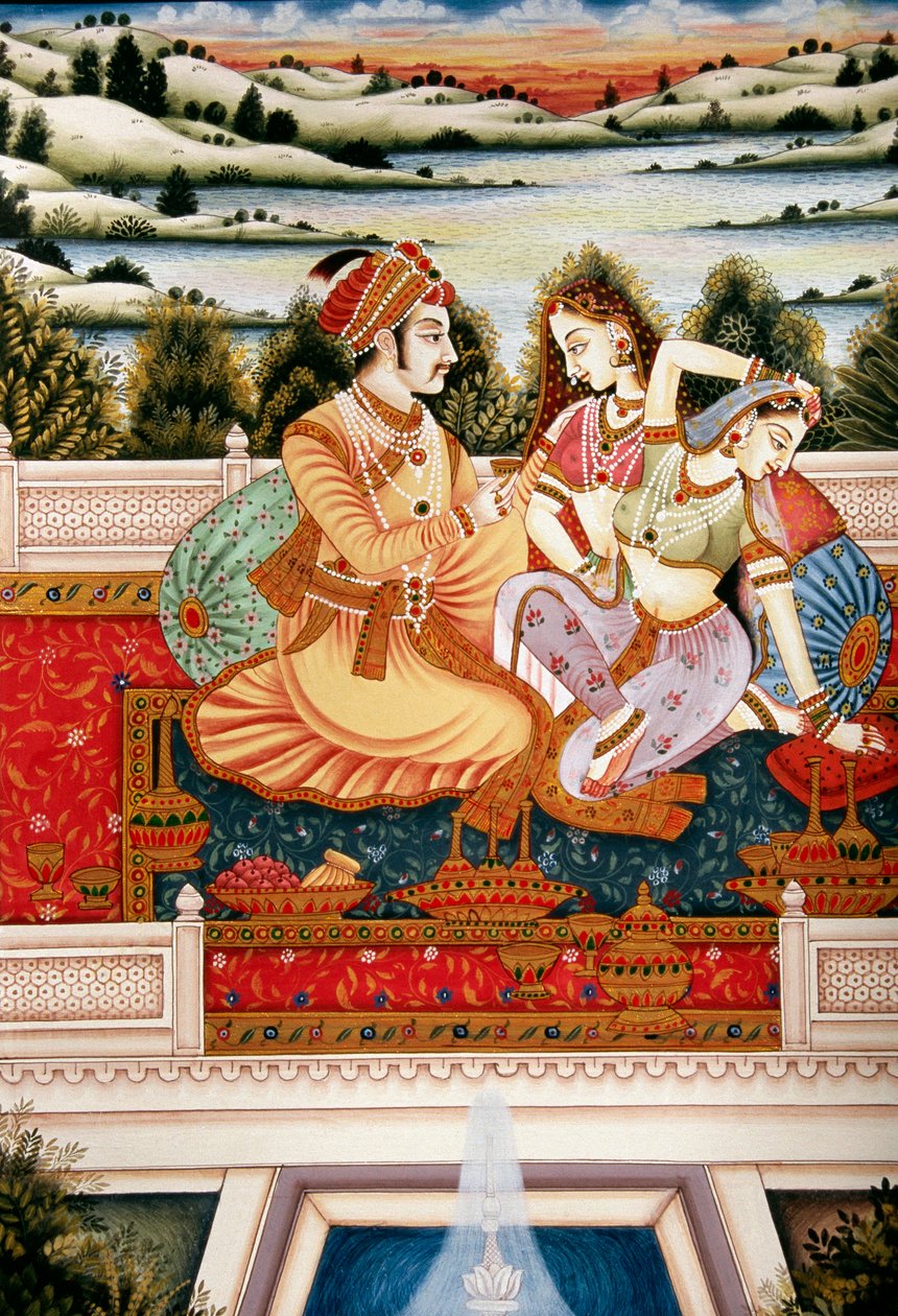 ムガル帝国の皇帝と妻たちの恋の場面を描いた絵画、インド