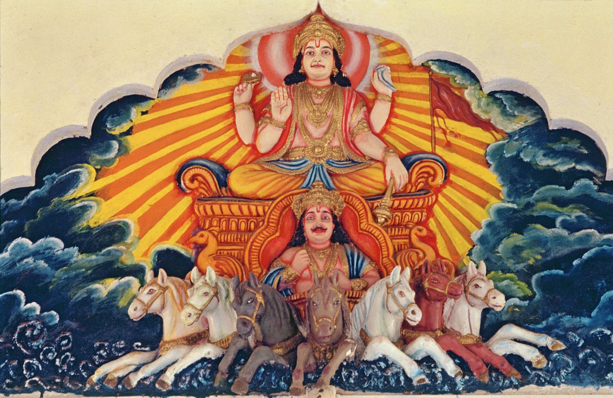 太陽神(Sun god) 油絵 太陽神スーリヤ・ナラヤン（描かれたレリーフ）