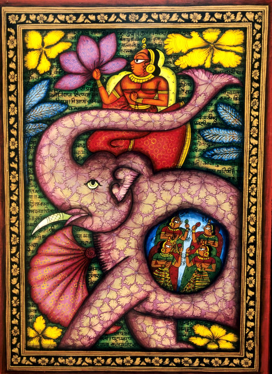 象に座り花を持つ女性 インド細密画