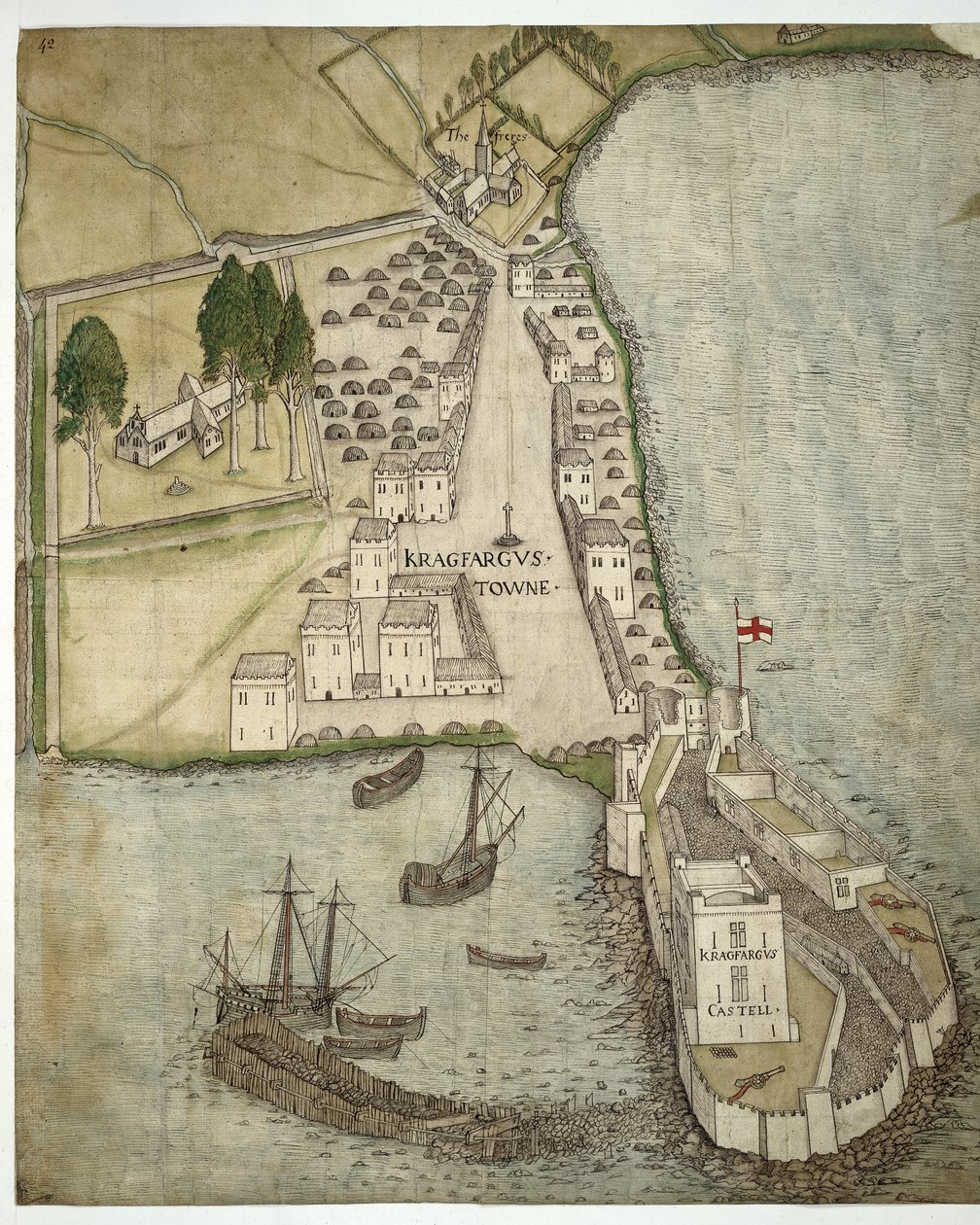アイルランド、キャリクファーガスの城と町、1560年頃（紙にペンとインクと水彩） 作： 学校アイルランド