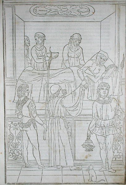 ヨハネス・デ・ケタムの「Fascilulus Medicinae」より患者を訪ねる医師（1490年頃）15～16世紀（木版画 作： 学校イタリア語