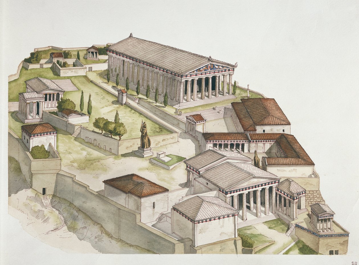 古代アテネ-アクロポリスの復元、紀元前5世紀（カラーリトグラフ） 作： 学校イタリア語
