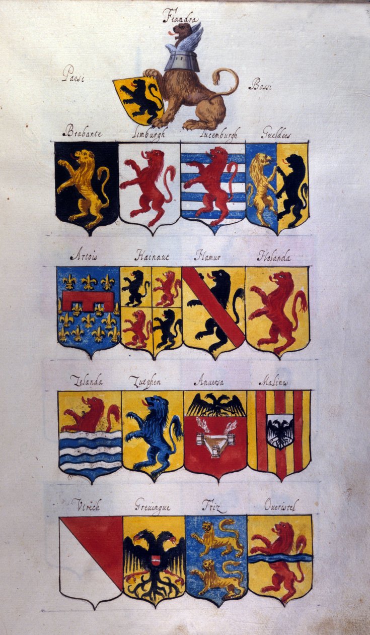 ドラゴンが描かれたオランダ（ホランド、フランダース、ヘイナウト）のブレゾン、ミラノのスタト公文書館 作： 学校イタリア語