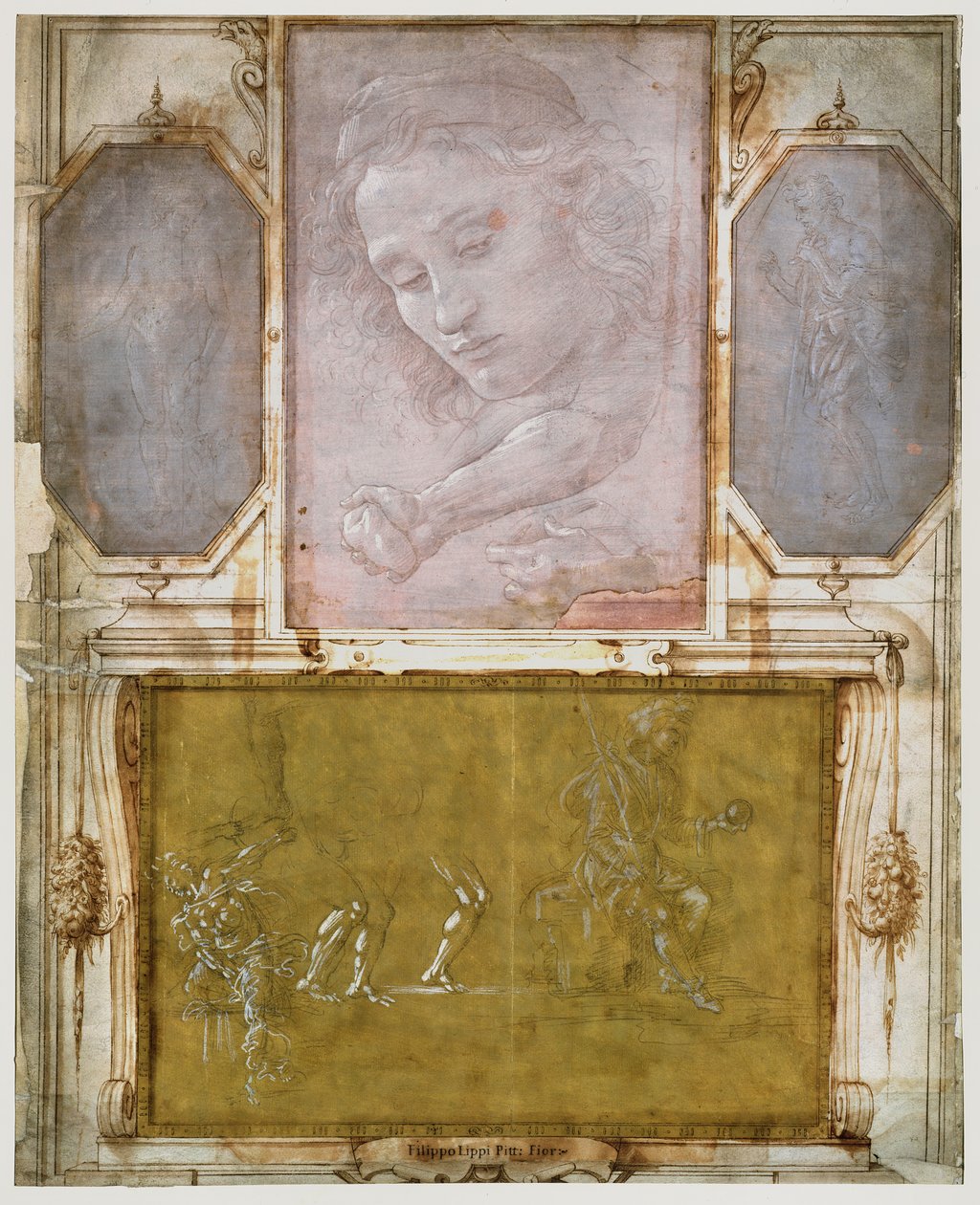 ジョルジョ・ヴァザーリ（1511-74）による「Libro dei Desegni」のページは、1524年以降にマウントおよびフレーム化されました（紙の上のメタルポイント）（詳細は474784を参照） 作： 学校イタリア語